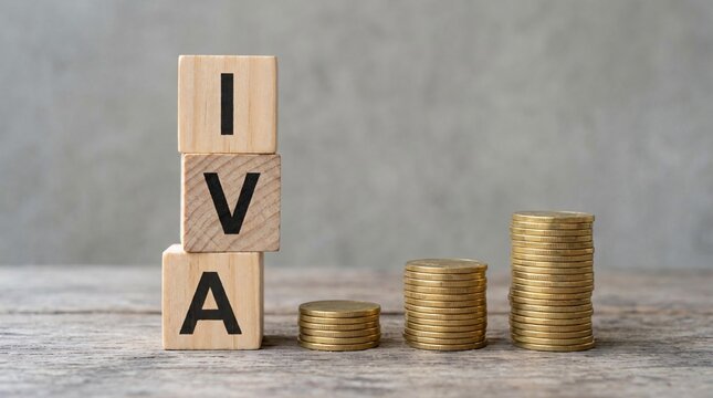 Wooden blocks spell "IVA" beside growing coin stacks. Stacks rise in size, symbolizing increasing value