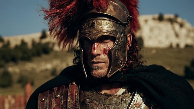 Roman centurion in bronze armor standing in ancient arena with red plume helmet embodying discipline authority empire and historic military power