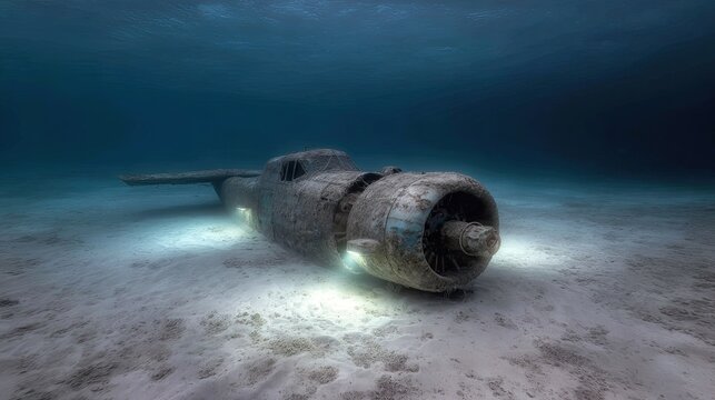 Underwater plane wreckage on sandy seabed marine environment