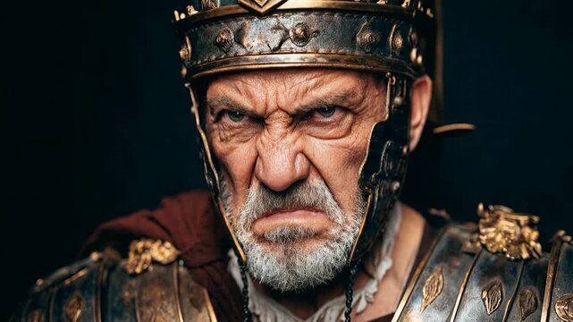 Fierce roman warrior close portrait with angry expression weathered helmet and battle scars symbolizing toughness dominance and historic military authority
