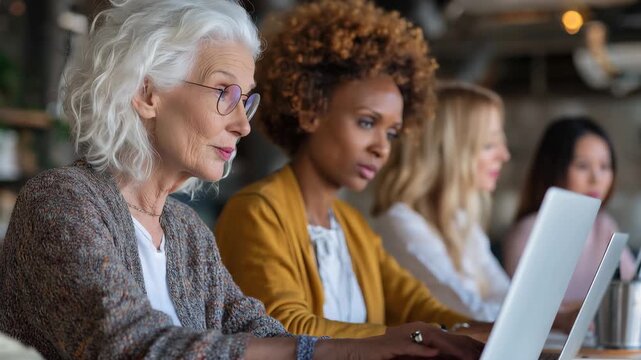 Diverse group of hardworking businesswomen collaborating in a modern office space during a productive work session in the afternoon