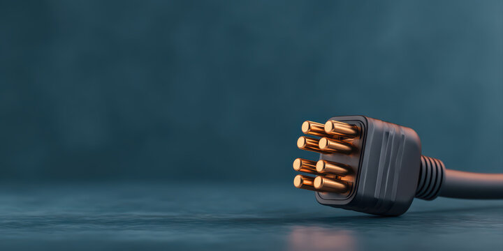 Unplugged power cable with multiple gold metal pins lying on smooth surface, minimal style close up showing detailed connector and dark background creating calm mood