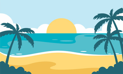 Obraz premium Minimalist flat vector illustration of a tropical beach sunset with a large sun, palm trees, and calm ocean waves.
