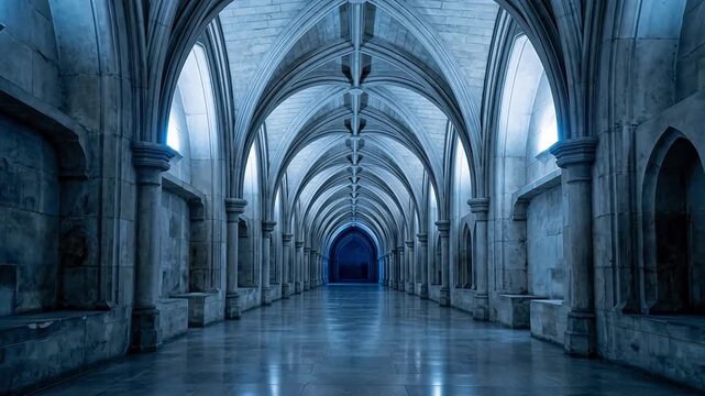 Symmetrical interior of a perfectly vaulted hallway completely devoid of people, gracefully bathed in cool blue ambient lighting softly.