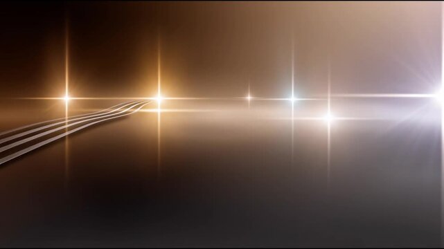 Curved silver lines on a reflective surface lead into a bright horizon with glowing lights, creating a dynamic visual pathway in a modern abstract setting
