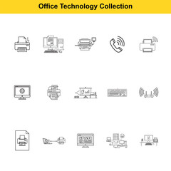 Fototapeta premium Office technology icons depict essential equipment and systems used in contemporary workplaces, including printers, computers, phones, and network devices for efficient daily operations.