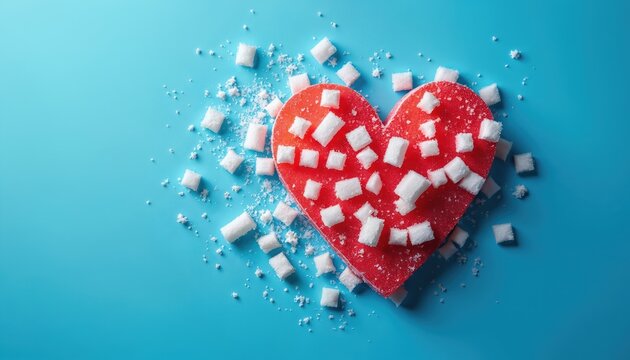 Red heart covered in sugar cubes on blue background. Symbolizes diabetes awareness, unhealthy diet, and heart health risk. Represents sugar impact on wellbeing.