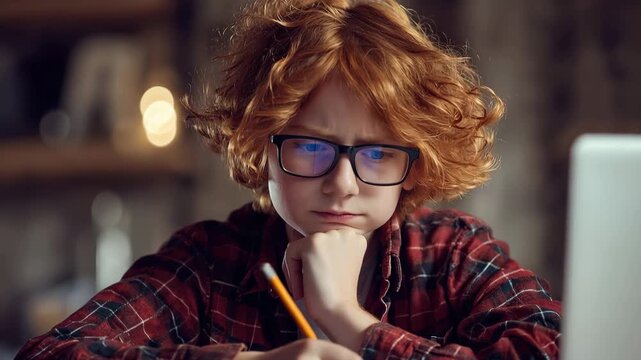 Studying at home with focus and determination, this teenage boy uses his laptop to complete school assignments during the evening