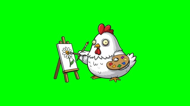 Whimsical cartoon chicken artist, palette in hand, painting a daisy on an easel with a brush, isolated on green screen for playful animations.