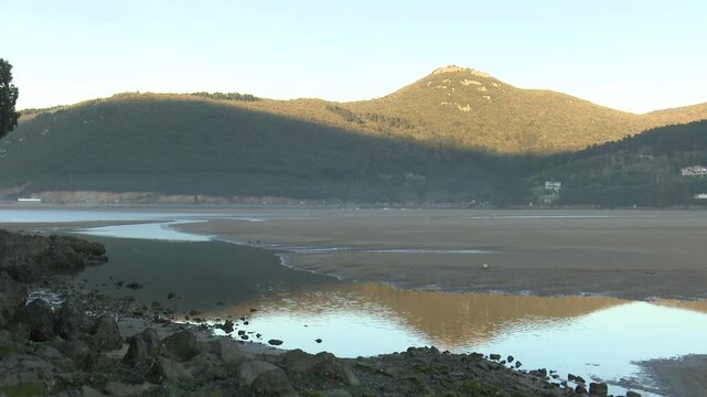 Scenic view of Urdaibai wetland in Bizkaia, a biosphere reserve and key migratory bird habitat. Natural marsh landscape with tidal waters, vegetation, and peaceful environmental biodiversity.