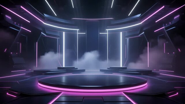 Futuristic neon-lit stage with multiple platforms and smoke effects, featuring vibrant purple and blue lighting in a dark, high-tech arena.