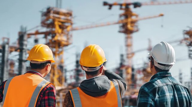 Diverse team of specialists inspects commercial construction site with cranes during the day