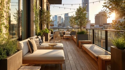 Fototapeta premium Sunlit terrace with wooden deck, lounge seating, and lush greenery against an urban skyline