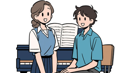 Obraz premium ピアノ教室で先生とともに演奏を学ぶ生徒のレッスン風景、部活動や音楽教育の現場を描いたイラスト、楽譜を見ながら練習する集中した時間、成長と努力を感じる学びの瞬間、習い事や教育イメージに最適な音楽シーン素材