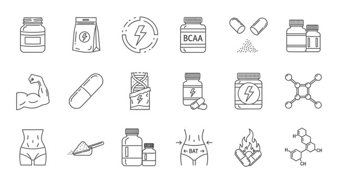 fitness and nutrition supplements and body health icons illustrating energy muscle growth and fat burning for wellness products