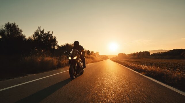 Sunset ride: sport motorcycle gliding along a sunlit country road with copy space for text