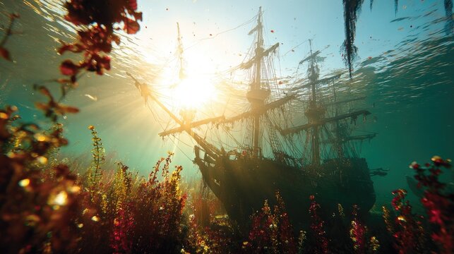 Sunken ship underwater view nautical vessel wreckage ocean scene