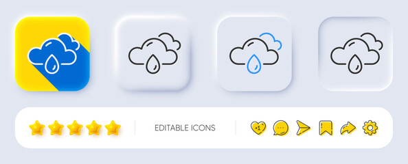 Fototapeta premium Rainy weather forecast line icon. Neumorphic, Flat shadow, 3d buttons. Clouds with rain sign. Cloudy sky symbol. Line rainy weather icon. Social media icons. Vector