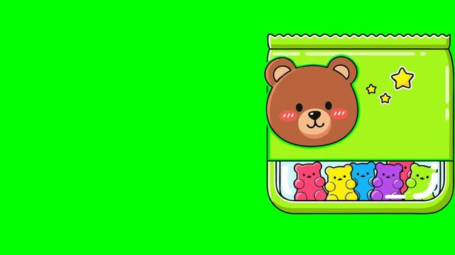 Adorable cartoon bear head candy packet with colorful gummy bears and sparkling stars, isolated on a bright green screen background for easy chroma key compositing.