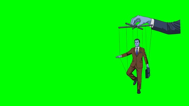 A puppet businessman animated on a vibrant green screen background, symbolizing corporate manipulation and the intricate dynamics of professional control in the modern world.