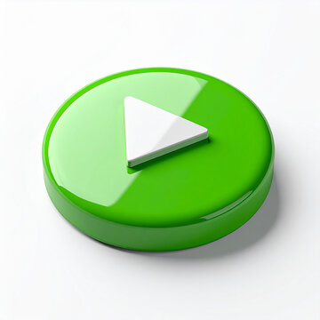 3D green play button icon on white backdrop, digital media interface concept, smooth glossy texture, minimal modern composition