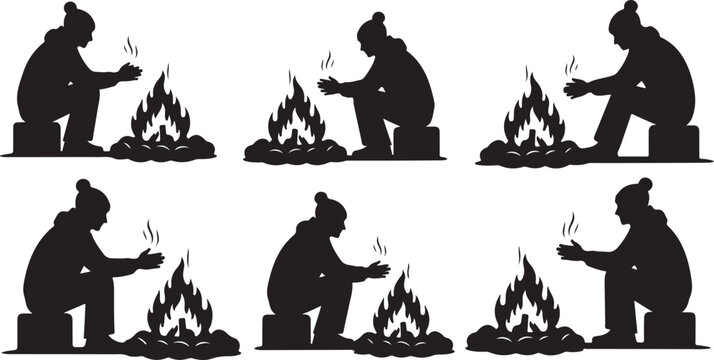 Silhouette of a person sitting by a campfire sequence