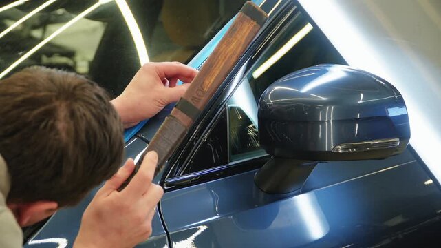 PDR. Process of paintless dent repair on car body. The mechanic at the auto shop with tools to repair dents in car body. Body repair. A specialist repairs a dent on the car body without painting.