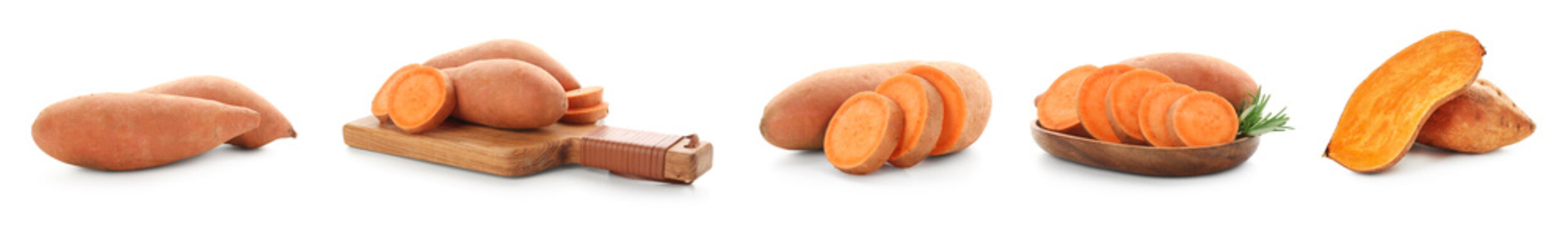 Set of orange sweet potatoes isolated on white