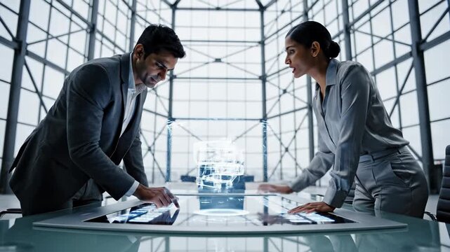 Innovation, Technology and Collaboration in a modern office setting with business professionals analyzing holographic data projections. Strategic planning with focused colleagues examining future