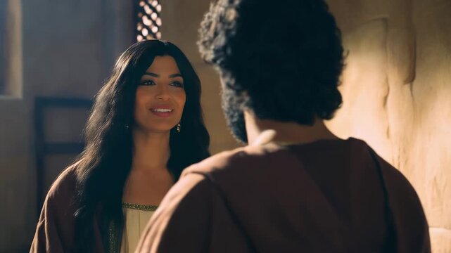 Potiphar's Wife Seduces Joseph to Sleep with Her. Biblical Story Illustration