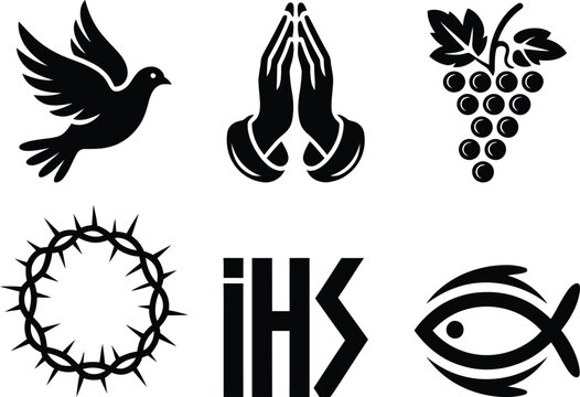 Six iconic symbols associated with christian religious iconography
