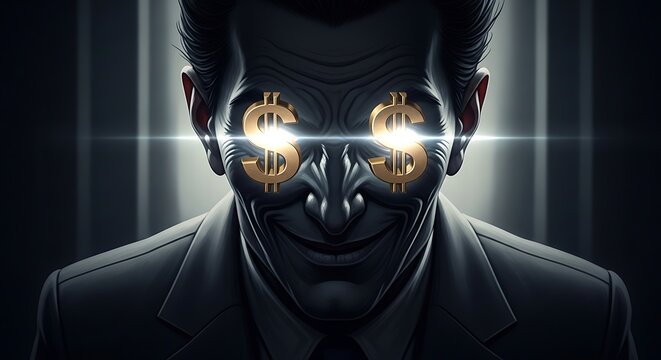 A sinister figure with glowing dollar sign eyes in a dark, mysterious setting, embodying corporate greed and unchecked financial ambition