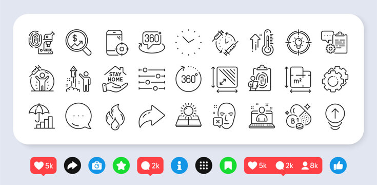 Currency audit, Settings gears and Thiamine vitamin line icons pack. Social media: share, comment, like icons. Best manager, 360 degree, Stay home web icon. Vector