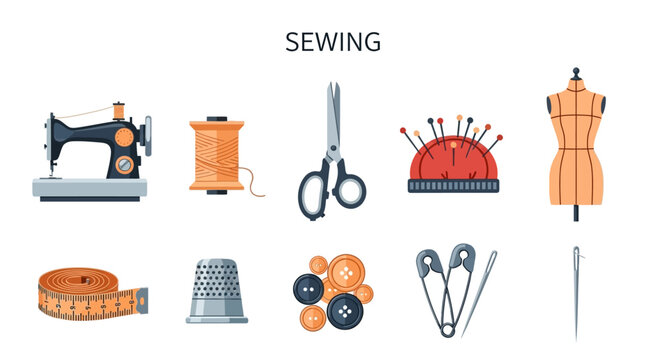 Sewing tools and equipment illustration set.