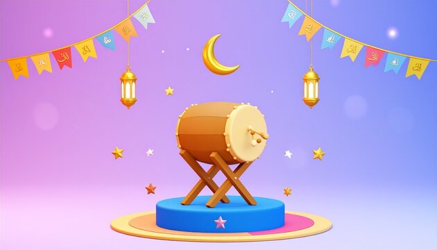 3d beduk drum with crescent moon and star confetti in festive eid celebration scene