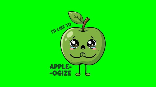 Animated green apple character delivers a creative pun an apology saying 'APPLEOGIZE' with tears and pleading hands on chroma key.