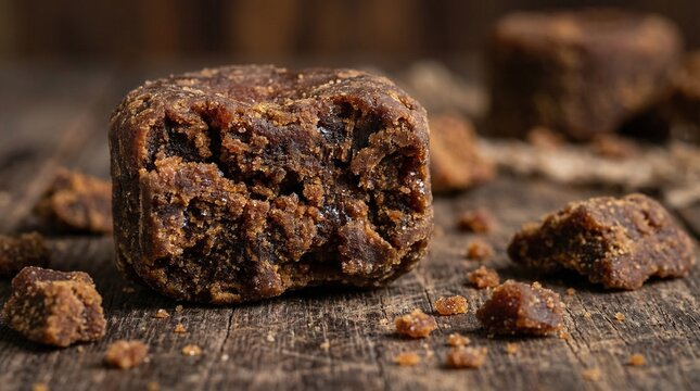 Natural Jaggery Block on Rustic Wooden Surface, Unrefined Sugar Alternative