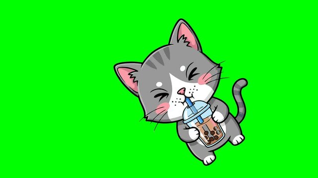 A cute cat character happily drinking a delicious bubble tea with tapioca pearls, an adorable cartoon animation element on a vibrant green screen backdrop.