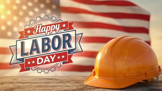 Labor day construction helmet with american flag background honoring worker pride for international worker day celebration industrial theme patriotic banner design