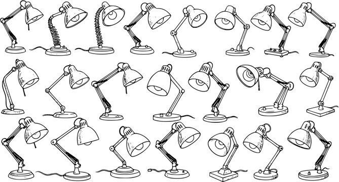 Hand-drawn set of various desk lamps in sketch outline style. Detailed illustrations of adjustable table lights with flexible arms and shades, black and white on white background.