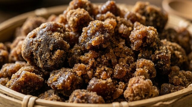 Natural Jaggery Chunks in Bamboo Bowl - Unrefined Sugar Alternative
