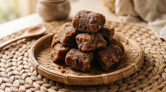 Natural Jaggery Cubes Stacked on a Woven Mat, Traditional Sweetener