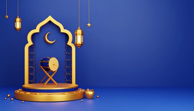 3D golden islamic arch with crescent moon and beduk drum on blue gradient background