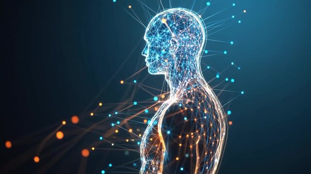 Neural Network: Human Brain's Digital Overlay: A captivating depiction of the human form, intricately overlaid with a digital neural network, symbolizing the complex interplay of mind and technology.