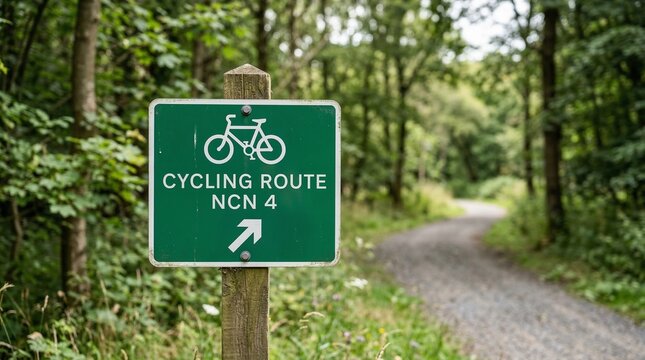 Green cycling route sign NCN 4 with arrow in forest path, outdoor adventure