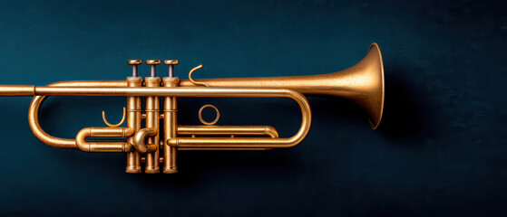 Obraz premium Brass trumpet instrument with three valves isolated on dark background, musical instrument close up with shiny metal surface and elegant design for jazz or classical music