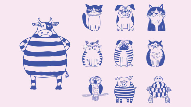 Set of grumpy cartoon animals doodle icons
