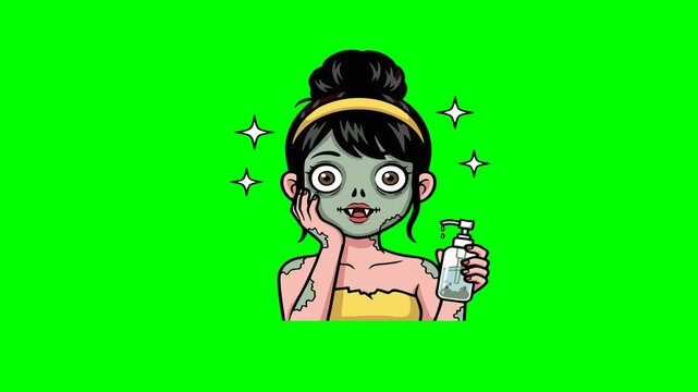 A animation depicts a zombie woman's surprising transformation as she applies a skincare product, transitioning from decaying skin to a fresh, rejuvenated look, highlighting a humorous beauty routine.