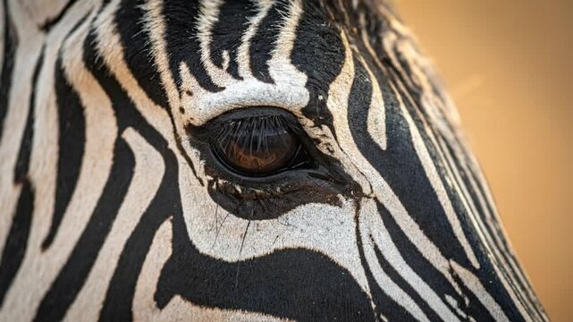 A close-up of a zebra's eye showcasing intricate stripes.