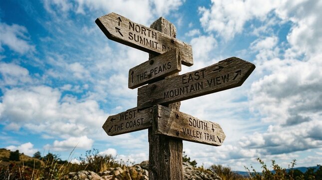 Wooden signpost with multiple directions on a mountain path, indicating different destinations.
